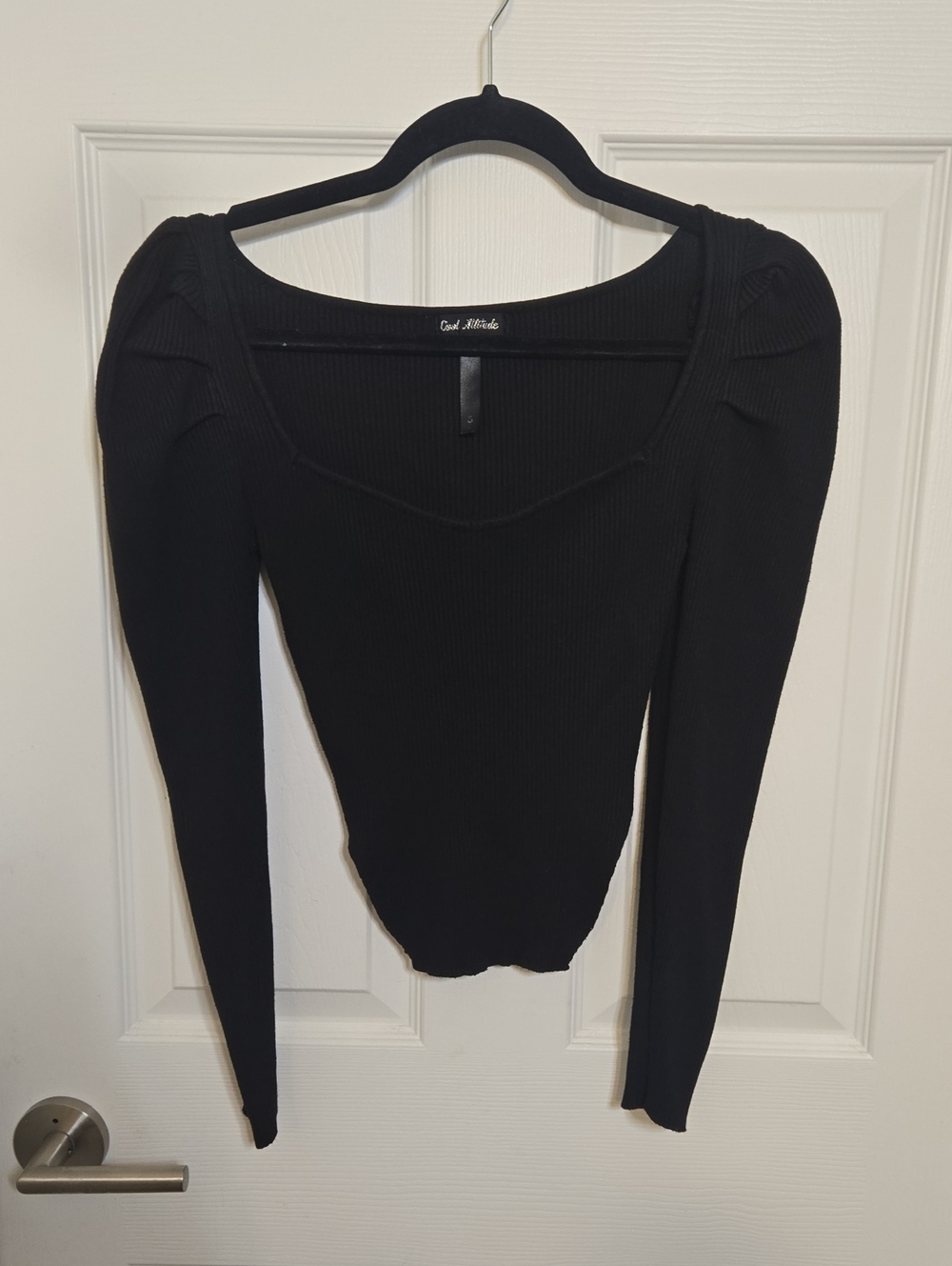 Bardot Black Ribbed Scoop Neck Long Sleeve Top with Puff Shoulders